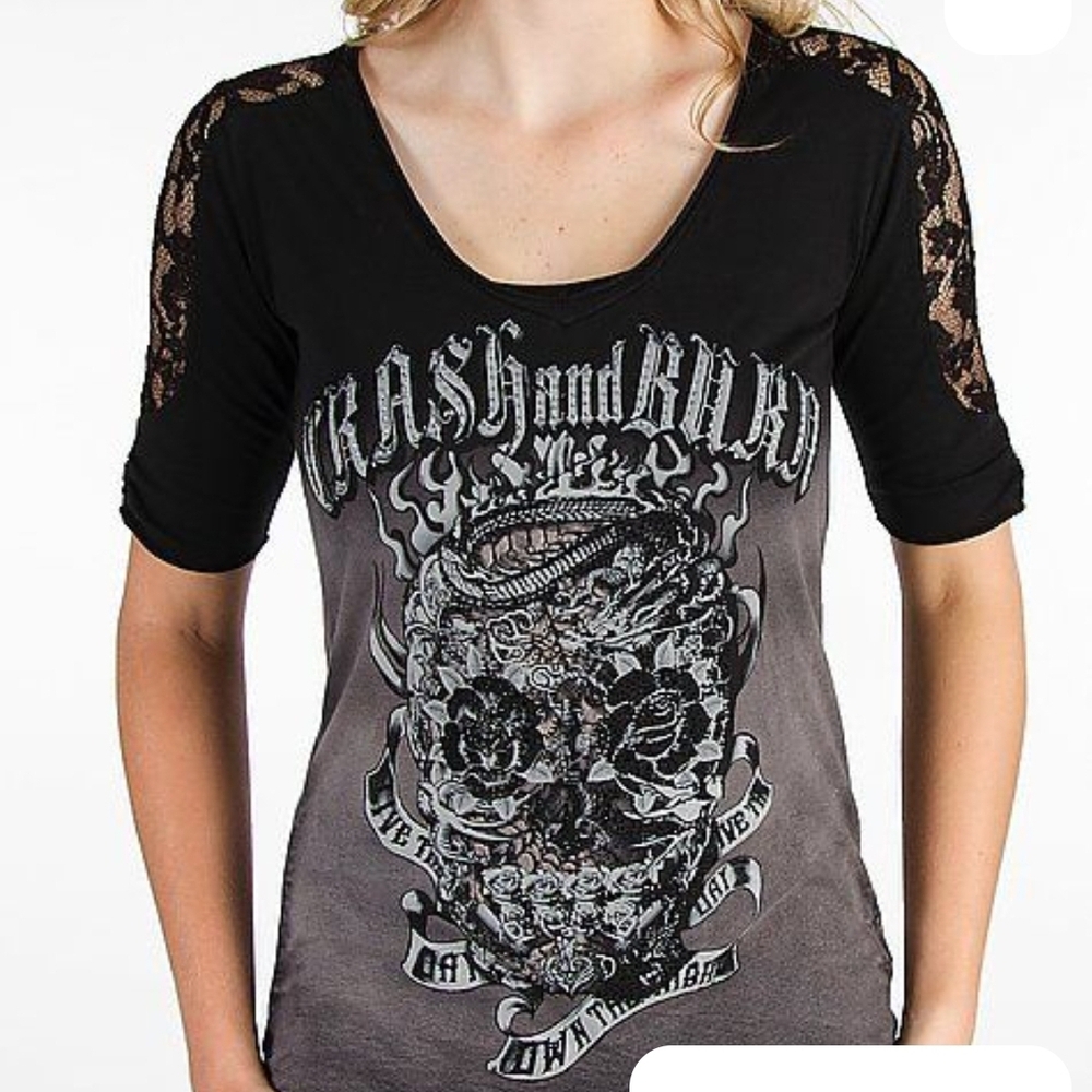 Crash & Burn Black and Gray Skull Lace Sleeve Top